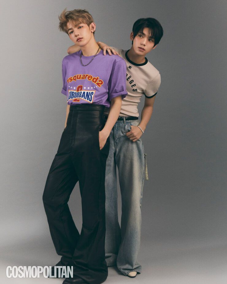 (장하오)티셔츠 디스퀘어드2. 레더 팬츠 릭오웬스. 이어 커프 포트레이트 리포트. 목걸이 크롬하츠. 부츠 질샌더. (한유진)티셔츠, 데님 팬츠 모두 꾸레쥬. 목걸이, 팔찌 모두 스와로브스키. 벨트, 슈즈 스타일리스트 소장품.
