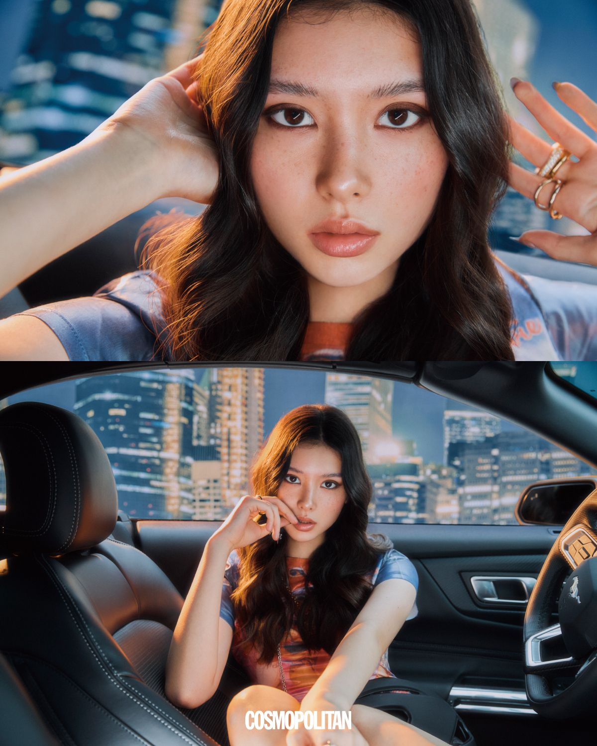 티셔츠, 레더 디젤 로고 스커트 모두 가격미정 Diesel, 레더 쇼츠 가격미정 Isabel Marant. 골드 목걸이 가격미정 Givenchy. 펜던트 목걸이 27만원, 왼손 중지 반지 24만원 모두 Numbering. 왼손 검지 반지 3만2천원, 오른손 반지 3만8천원 모두 Sentiments.