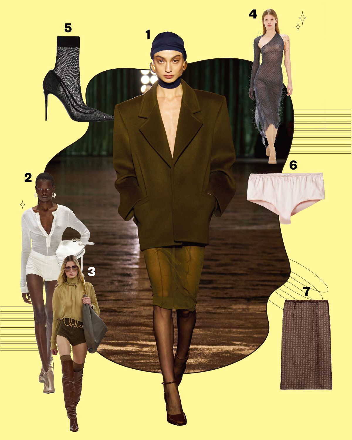 1 saint laurent. 2 Acne studios. 3 chloÉ. 4 courrÈges. 5 메시 스타킹 앵클부츠 1백40만원 Dolce&Gabbana. 6 새틴 브리프 가격미정 Miu Miu. 7 시폰 미디스커트 가격미정 Prada.