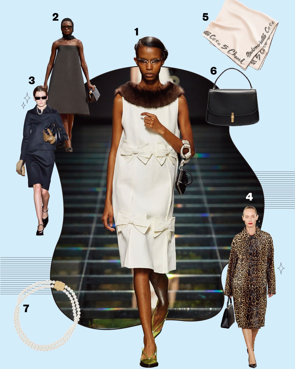 1 prada. 2 jacquemus. 3 miu miu. 4 michael kors. 5 스카프 가격미정 chanel.6 토트백 가격미정 The Row.7 진주 네크리스 가격미정 Miu Miu.