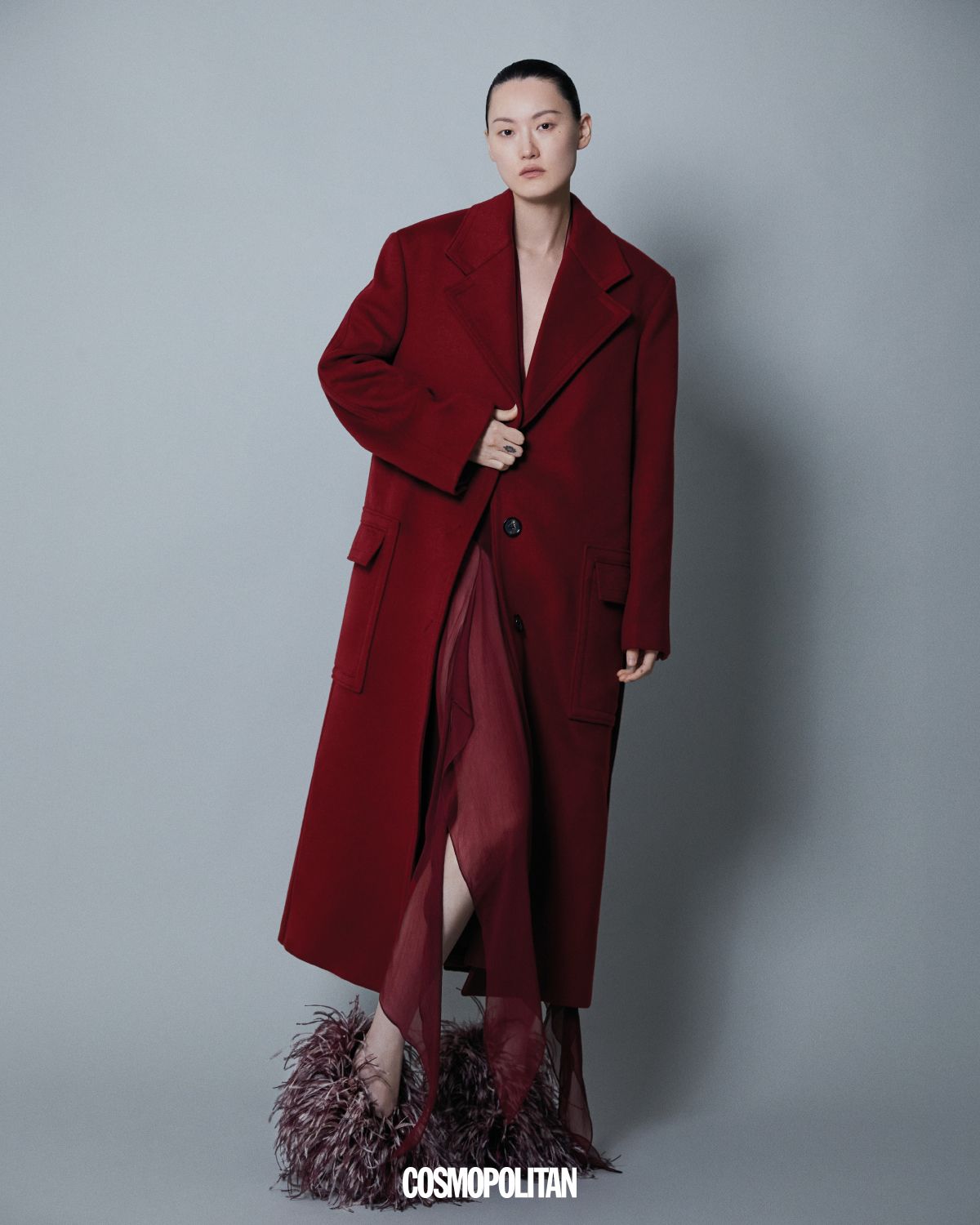 롱 코트, 시폰 드레스, 페더 펌프스 모두 가격미정 Ferragamo.