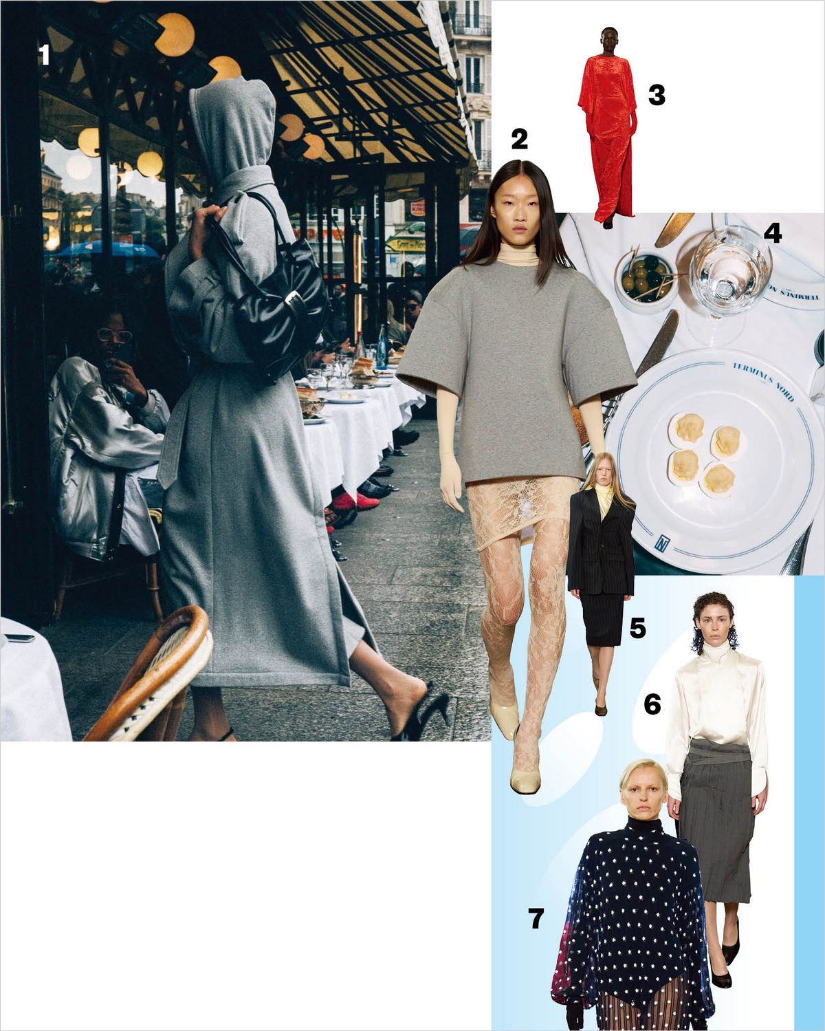 1 레스토랑 ‘Terminus Nord’에서 열린 2025 S/S 컬렉션. 2 하이패션적으로 변주된 티셔츠. 3 마리 아담리나트가 사랑하는 드라마틱한 롱 드레스. 4 쇼장의 관객들에게 제공된 런치. 5 매 시즌 선보이는 구조적인 여밈. 6 2025 S/S 시즌의 주요 룩. 7 2025 S/S 시즌의 트렌드인 폴카 도트가 더해진 롱 드레스.