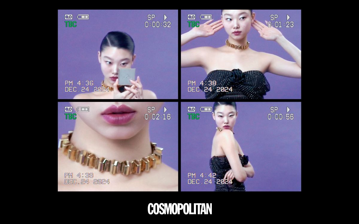 초커 3백90만원 Gucci. 튜브 톱 46만원대 Self-Portrait. 손에 들고 있는 프라다 리셋 소프트 블러 파우더 12만9천원 Prada Beauty.