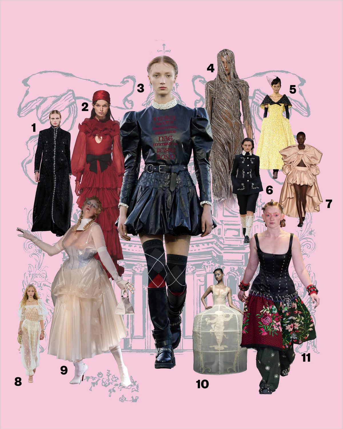 1 CHANEL 2 VALENTINO 3 DIOR 4 MCQUEEN BY SEÁN MCGIRR 5 RICHARD QUINN 6 S.S.DALEY 7 SIMONE ROCHA 8 CHLOÉ 9 MAISON MARGIELA 10 HARRIS REED 11 CHOPOVA LOWENA