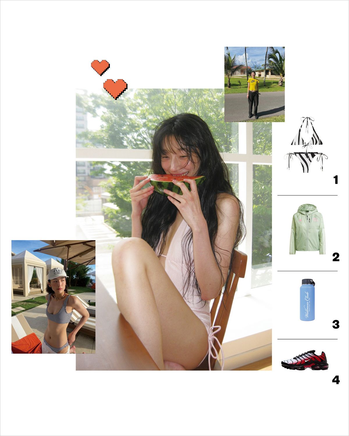 1 비키니 톱 32만원, 비키니 브리프 25만원 모두 Jacquemus. 2 12만9천원 Adidas. 3 12만원 Sporty & Rich. 4 가격미정 Nike. | LEE NOAH @noa_half