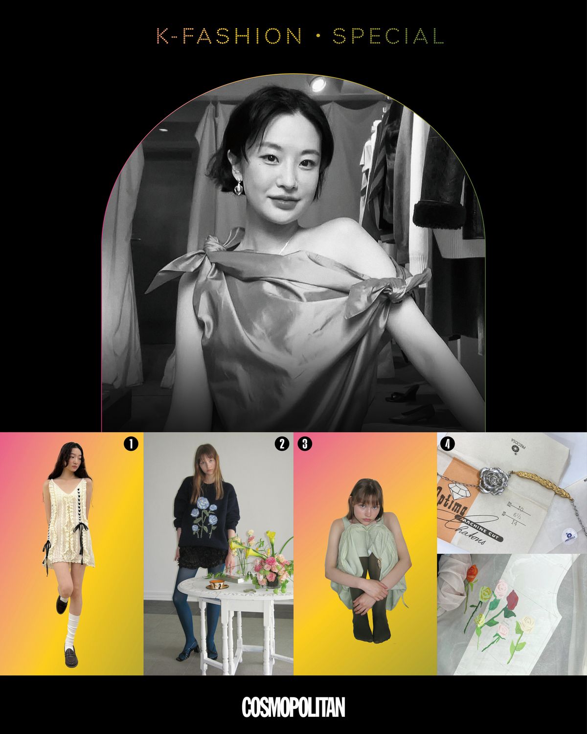 1, 3 2025 Autumn. 2 장미 모티프 입체 니트 룩. 4 2025 Autumn 컬렉션 입체 장미 모티프 제작 과정.