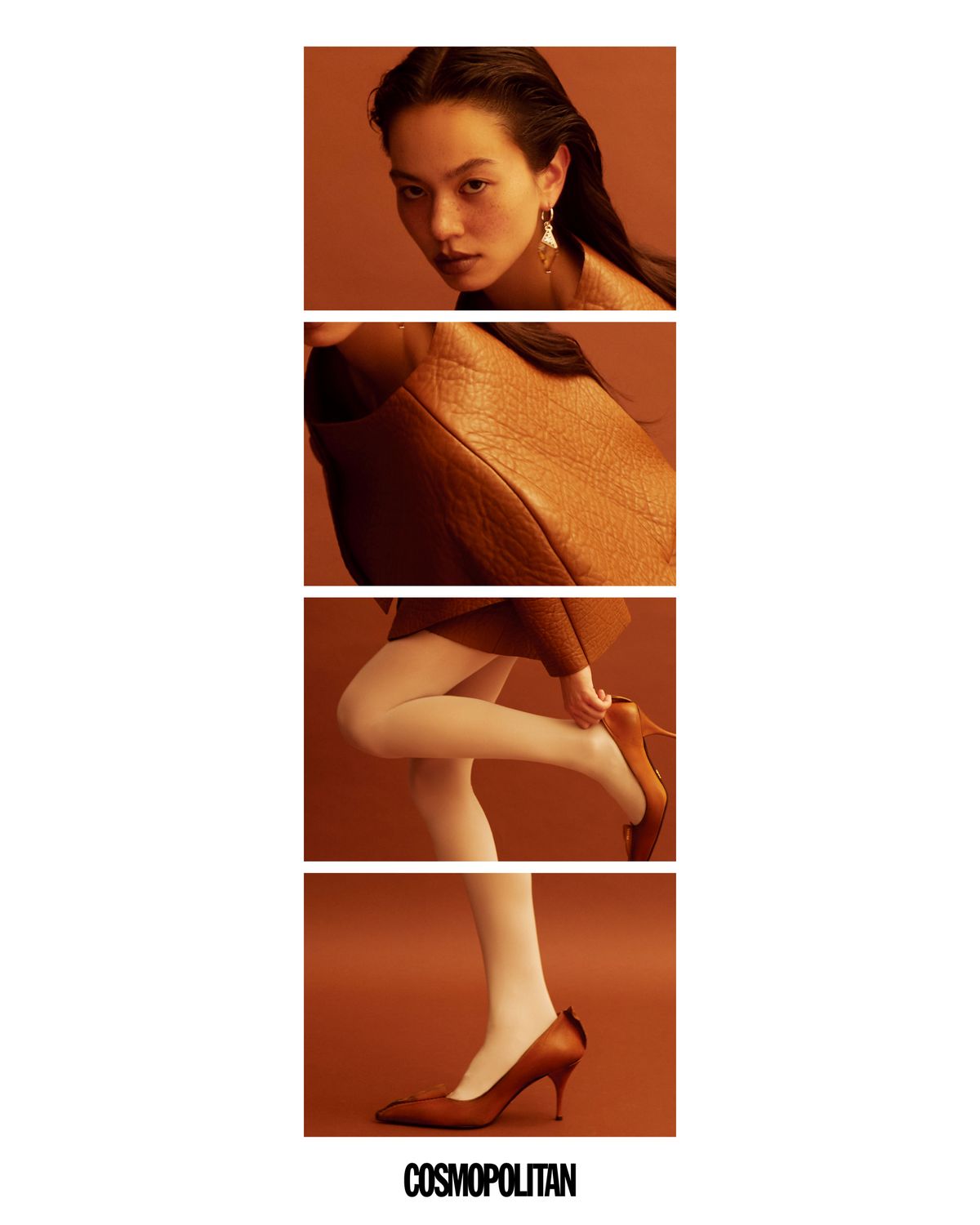 레더 재킷, 레더 스커트, 귀고리, 펌프스 모두 가격미정 Prada. 스타킹 에디터 소장품.