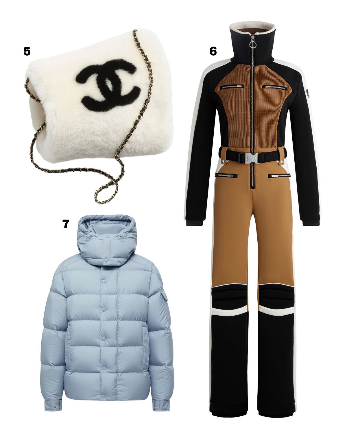 5 핸드 머프 2백51만원대 Chanel. 6 스키 슈트 3백14만원 Fusalp. 7 마야 70 재킷 3백47만원 Moncler.