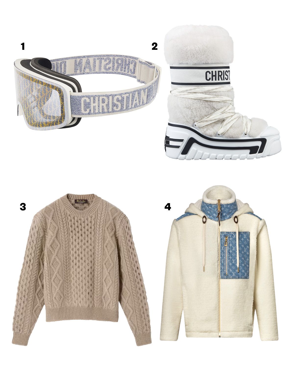 1, 2 고글 1백70만원, 부츠 2백90만원 모두 Dior. 3 케이블 니트 5백11만원 Loro Piana. 4 플리스 재킷 5백63만원 Louis Vuitton.