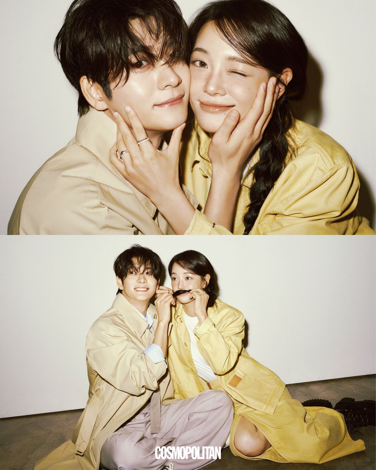 (강태오)트렌치코트, 셔츠, 팬츠, 타이 모두 Dior Men. 스니커즈 Converse. (김세정)재킷, 스커트, 슈즈 모두 Longchamp. 이너 톱, 반지 스타일리스트 소장품.