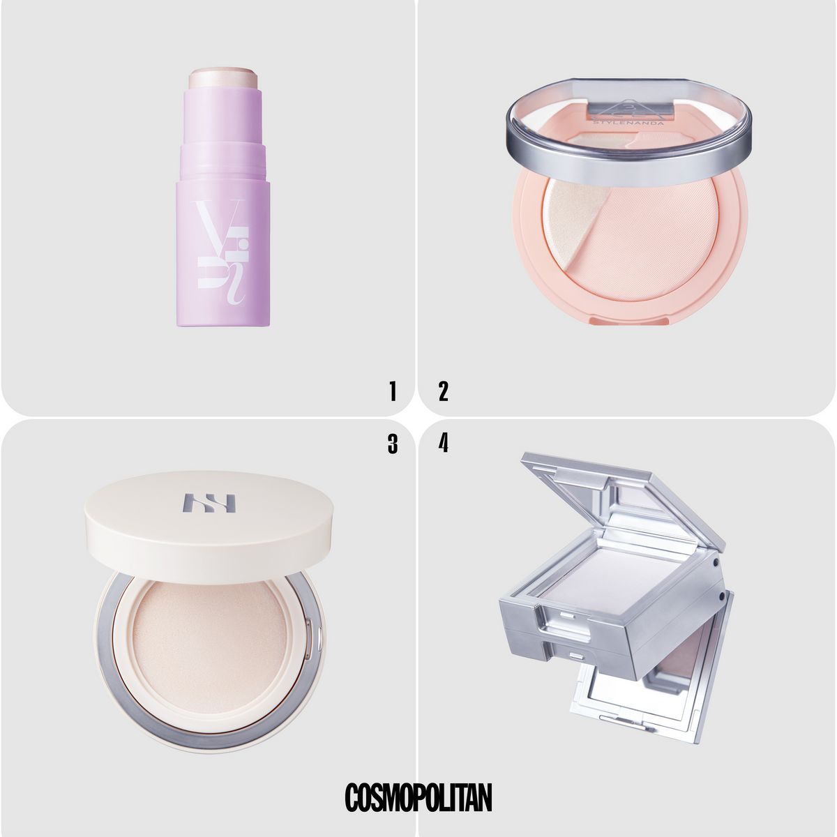 1 더 글로우 스틱 블러시 01 펄리 누드 3만2천원 Vidivici. 2 블러쉬라이터 #레이지토크 2만4천원대 3CE. 3 리플렉션 스킨 글로우 쿠션 파운데이션 00N1 다이아 6만원 Hera. 4 스트로빙 페이스 큐브 화이트 2만8천원 Two Slash Four.