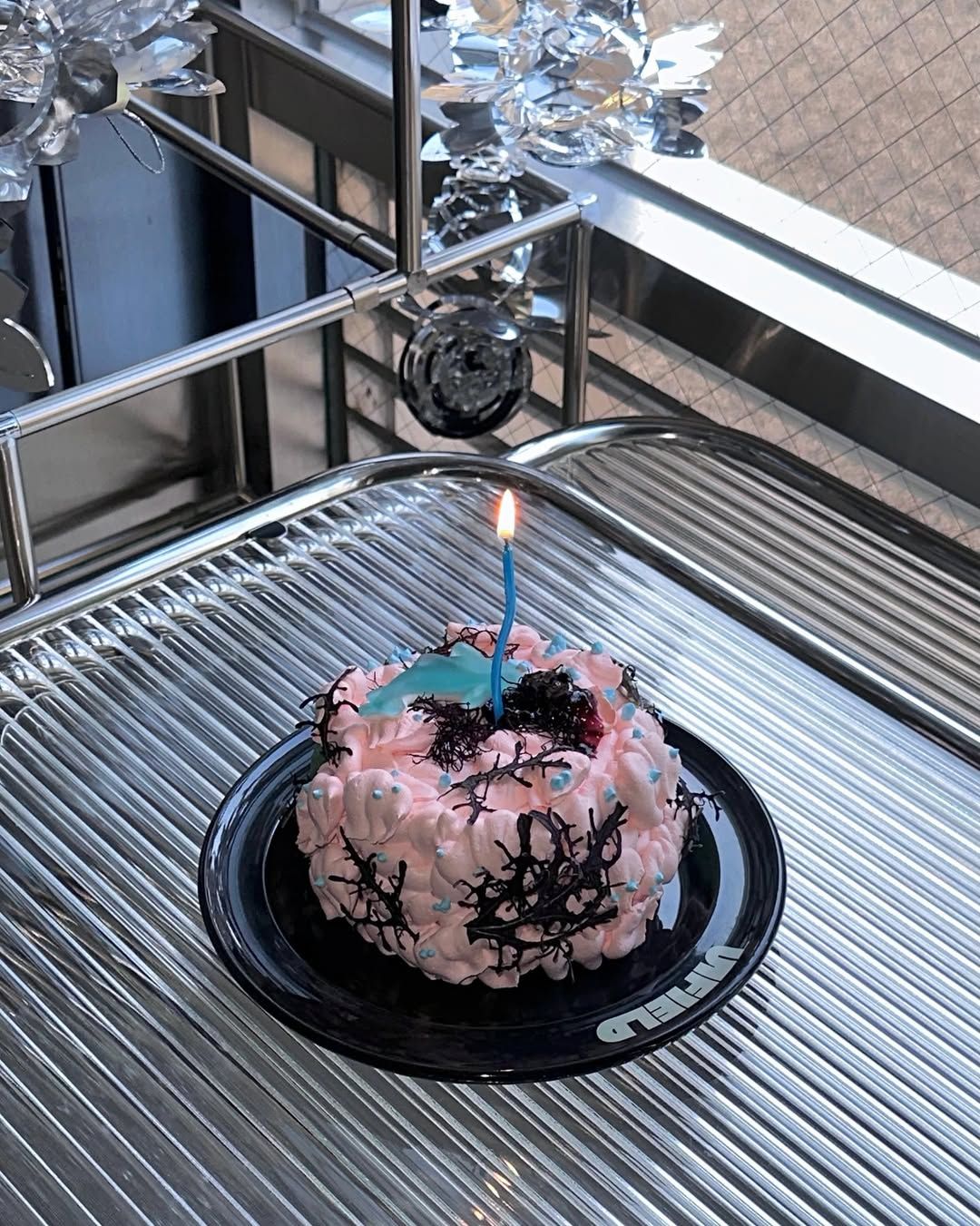 생 블루베리, 체리 잼과 세모가사리 장식이 올라간 우이필드의 돌틈 케이크. 인스타그램 @uifield