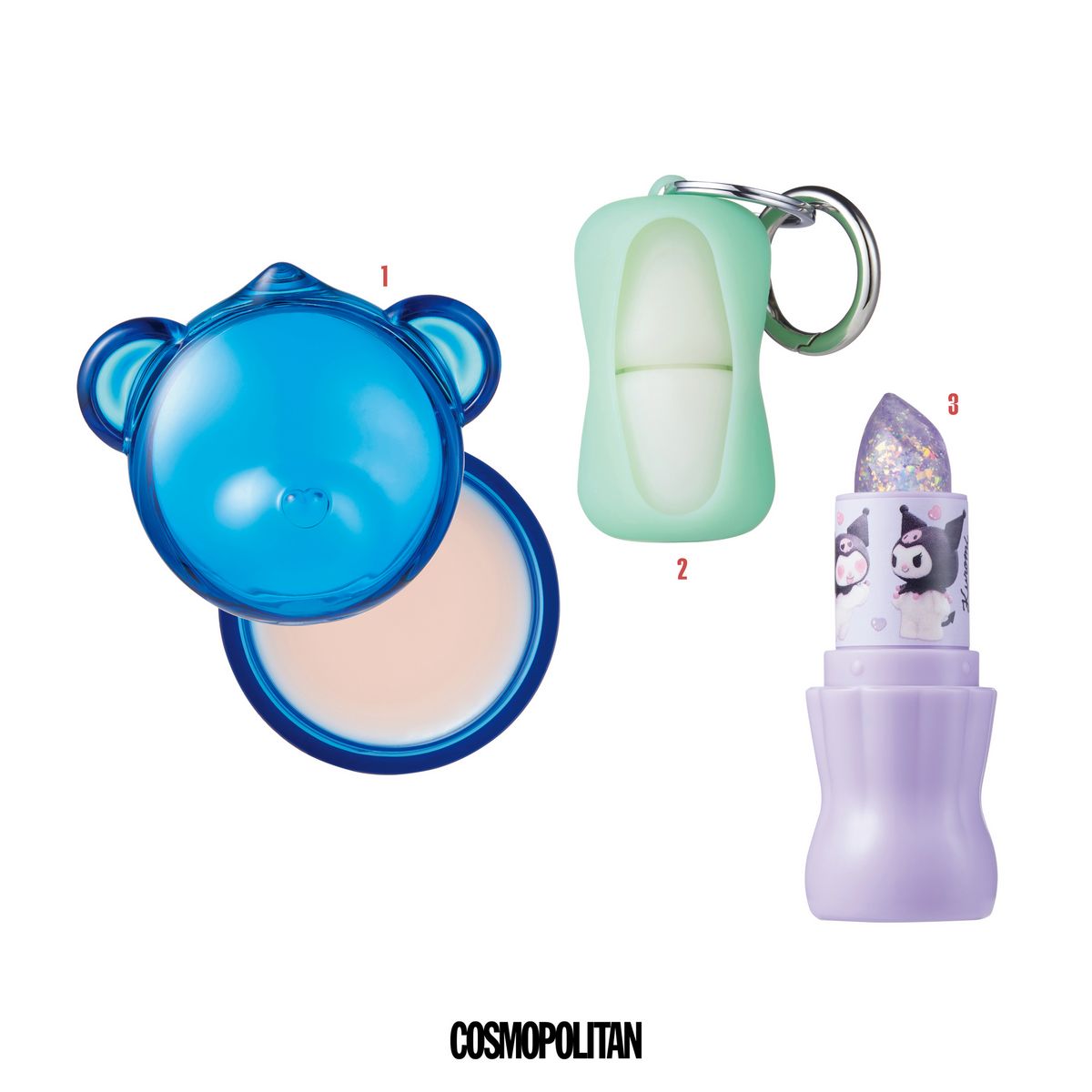 1 젤리 베어 패키지 속에 담긴 워터젤리 텍스처의 립 마스크. 오브제형 립 케어로 보습과 귀여움을 동시에 챙겼다. 젤리베어 립 마스크 3만2천원 Dr.Jart+. 2 주머니에도 쏙 들어갈 만큼 작은 사이즈의 립밤은 함께 제작된 키링을 같이 구매하면 패션 아이템으로도 손색없다. 립밤 & 글로우 케이스 키체인 SET 블랙 모트 슬릭 5만1천원 Simihaze Beauty. 3 반짝이는 글리터 스틱과 사랑스러운 컬래버 디자인이 돋보이는 비건 립밤. 입술에 은은한 윤기와 투명한 컬러를 더해 ‘보는 즐거움’까지 채운다. 스파클 소다 립밤 마이멜로디&쿠로미 한정 에디션 1만9천원 Amuse. 