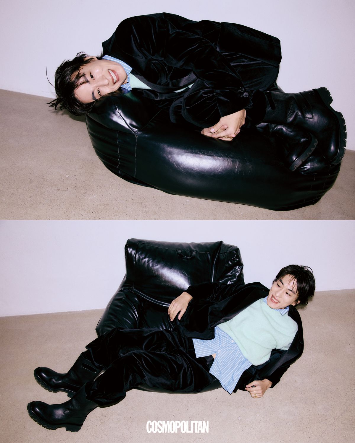 재킷, 팬츠 모두 Fendi. 니트 톱 STU Office. 목걸이 Swarovski. 반지 Tom Wood. 슈즈 Loewe. 셔츠 스타일리스트 소장품.