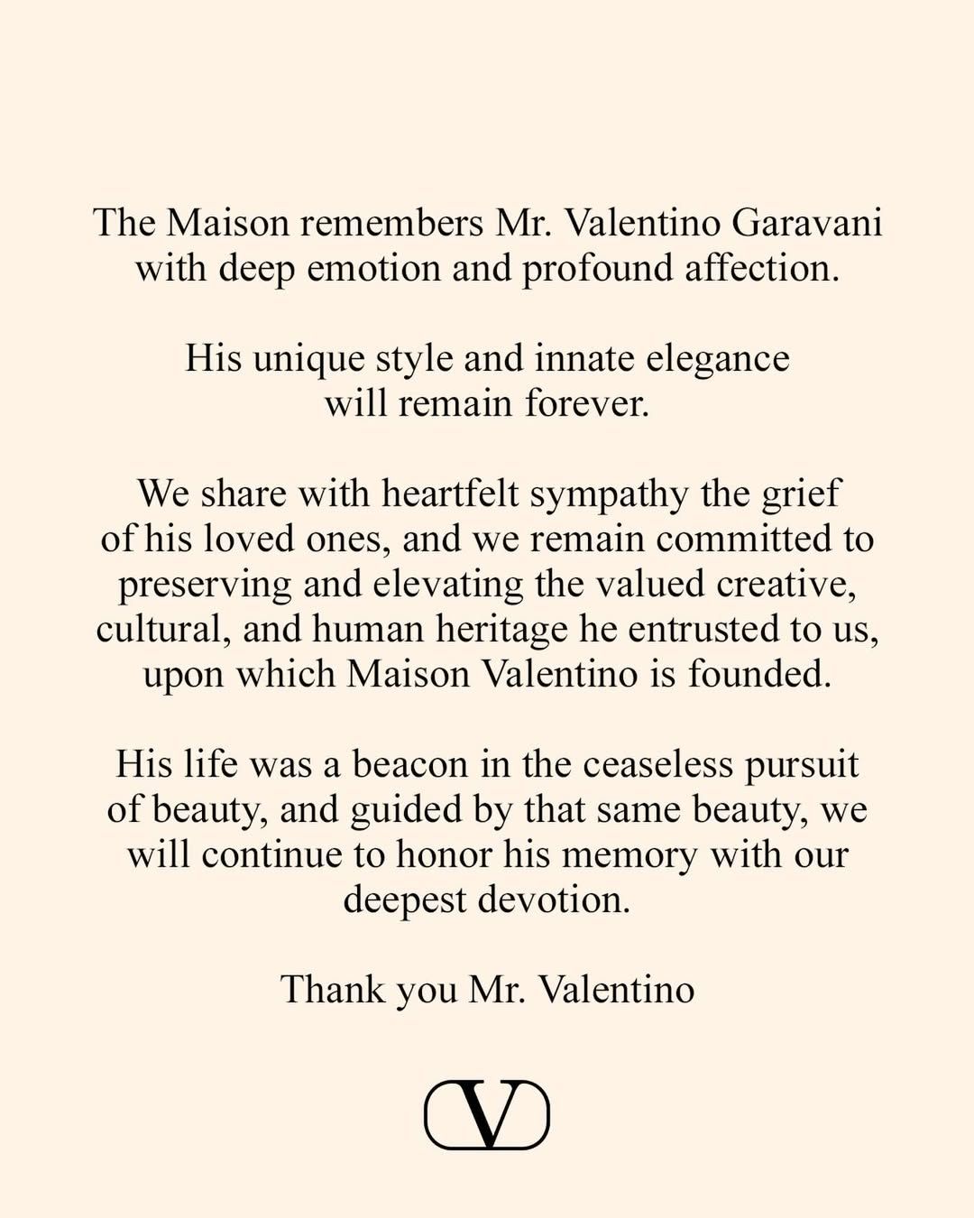 메종 발렌티노의 추모 글 | 인스타그램 @maisonvalentino