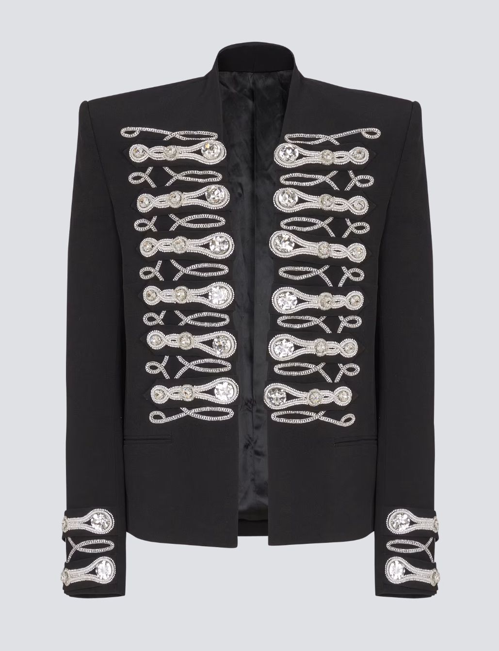 Crepe spencer jacket with embroidered frogging