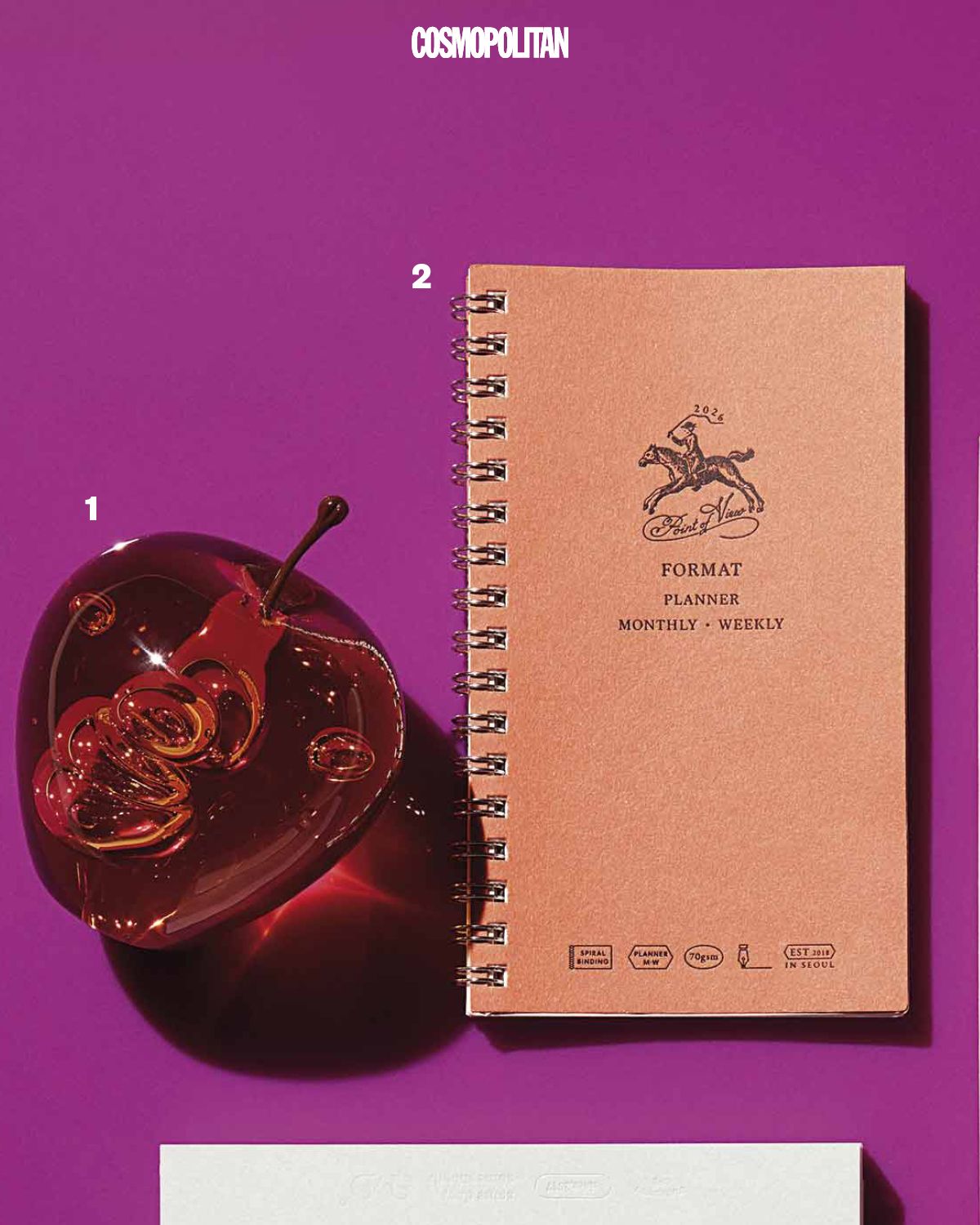 1 사과 모양 오브제 Point of View. 2 가방에 쏙 넣어 다니기 좋은 2026 위클리 다이어리 Point of View. 