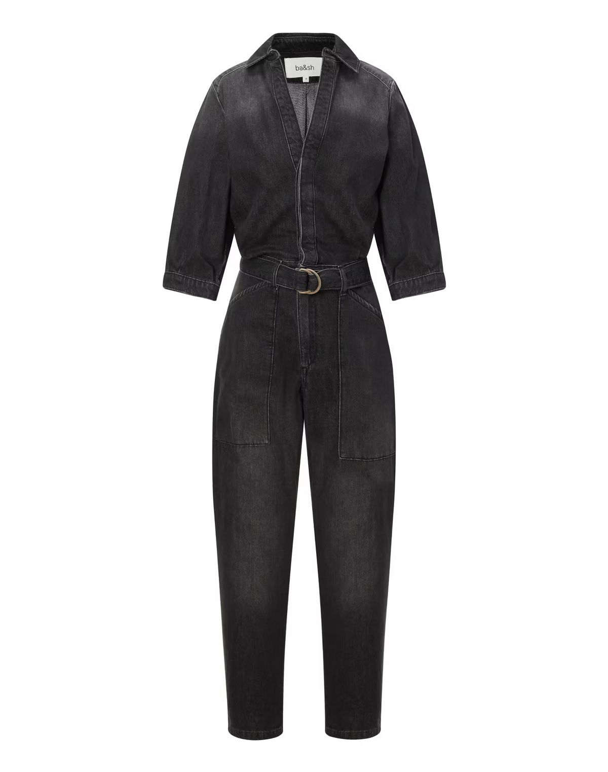 차콜그레이 스트랩 면 데님점프수트