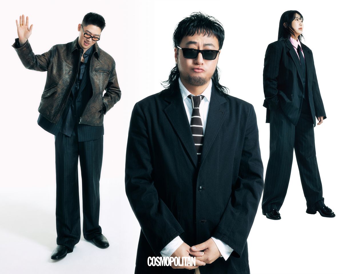 (왼쪽부터, 허키 시바세키) 레더 재킷, 이너 재킷, 셔츠, 팬츠, 슈즈 모두 Ferragamo. 선글라스 Effector. 반지, 목걸이 본인 소장품. (김간지) 재킷 Kaptain Sunshine. 셔츠 Onitsuka Tiger. 팬츠 Zara. 선글라스 Saint Laurent by Anthony Vaccarello. 타이 스타일리스트 소장품. (김민경) 재킷, 팬츠 모두 Cos. 셔츠, 타이, 슈즈 스타일리스트 소장품. 