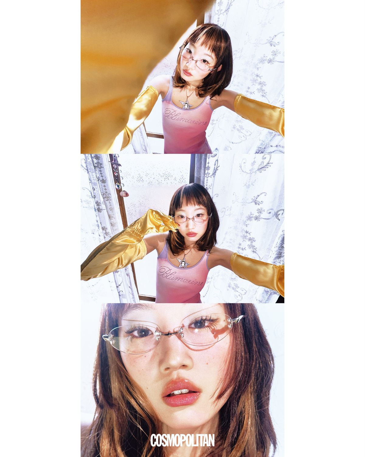 주얼 장식 드레스 1백18만원 Blumarine. 새틴 글러브 가격미정 Prada. 몰티즈 목걸이 12만원 Hurjaboy. 안경 35만원 Gentle Monster. 