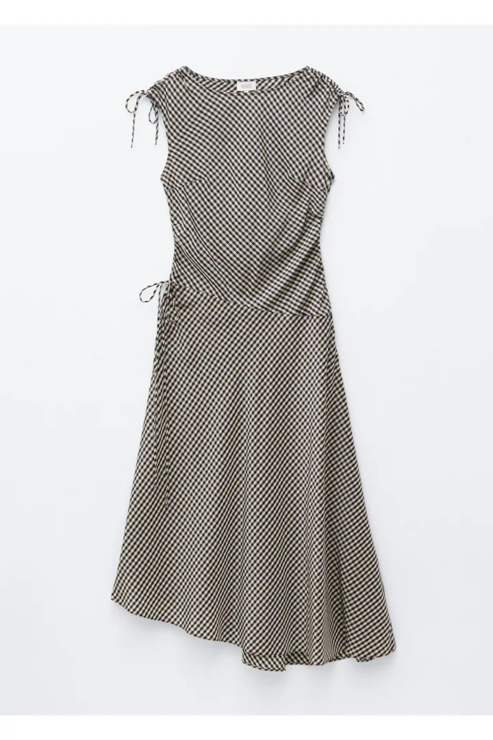 에이시메트릭 드레이프 미디 드레스 - 화이트/다크 블루