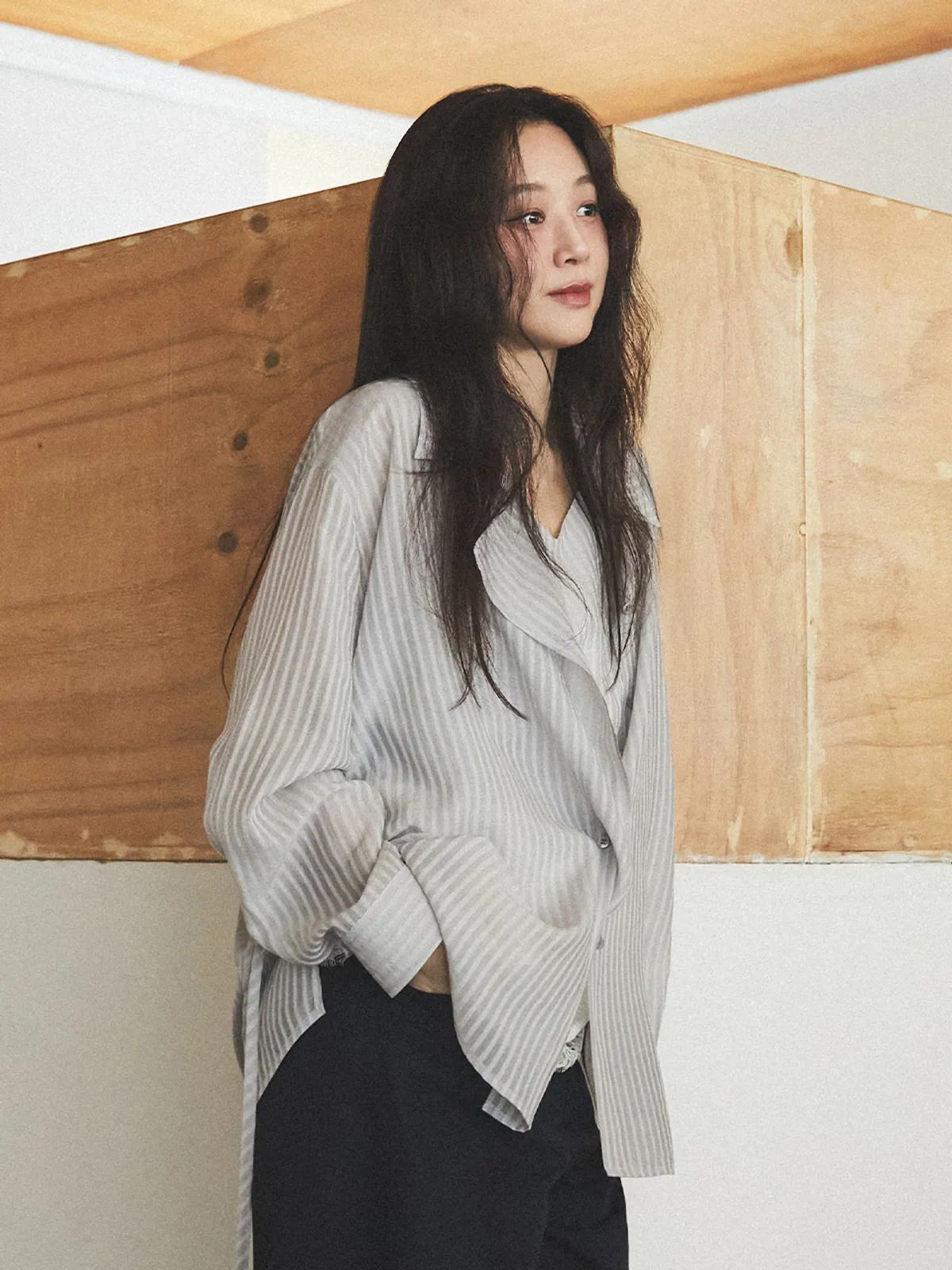 Sheer Striped Asymmetric Placket Shirt