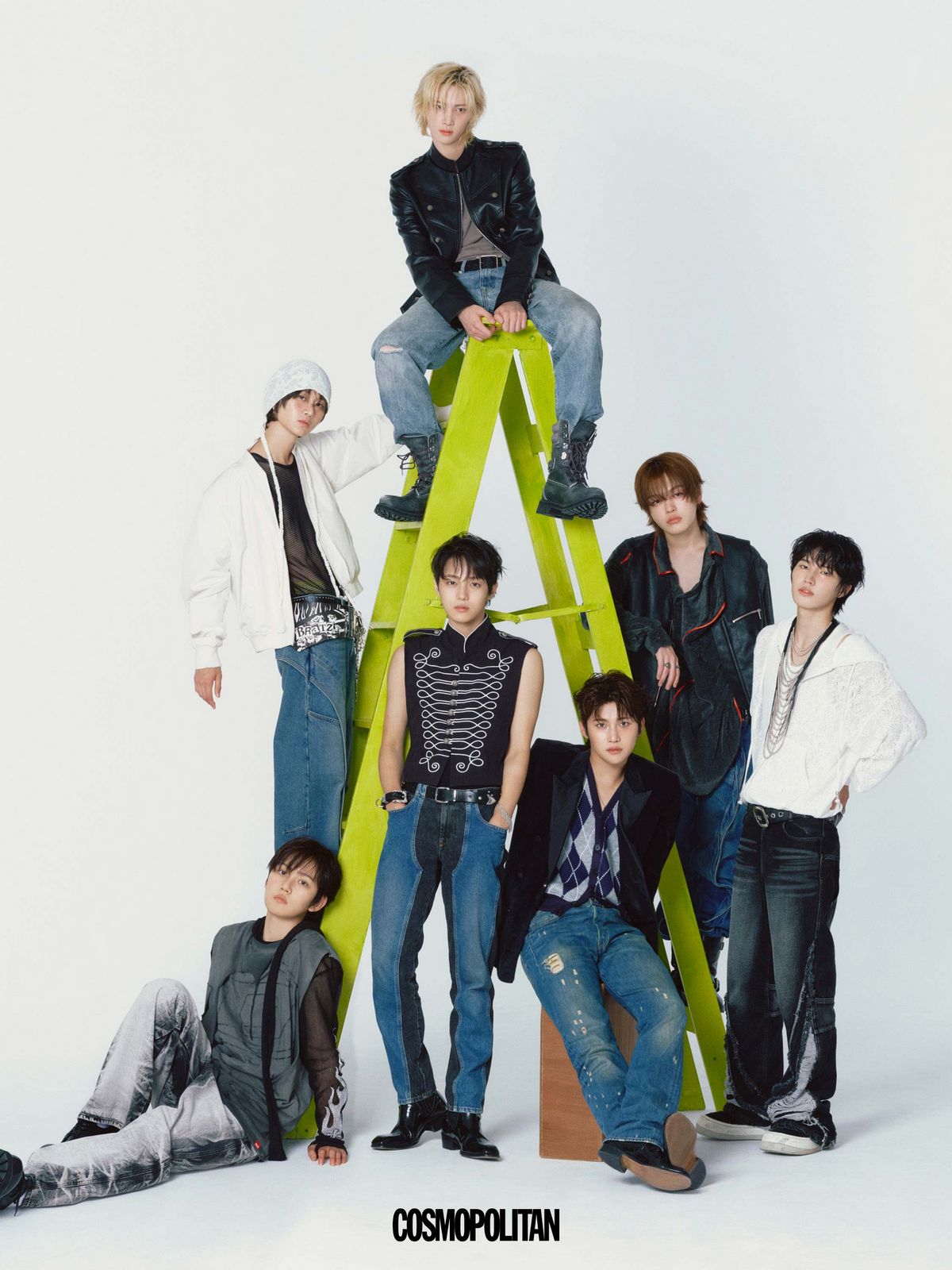 (왼쪽부터, 보민) 그레이 슬리브리스 Diesel by Vass. 시스루 후드티셔츠 I feel lucky. 데님 팬츠 Cornerbless. 더비 슈즈 스타일리스트 소장품. (하루) 화이트 블루종 Blr. 데님 팬츠 I feel lucky. 레이스 터번 Yune. 와이드 벨트 Dem project. 이너 톱, 레이어링 벨트 스타일리스트 소장품. (규현) 나폴레옹 베스트 Lecyto. 데님 팬츠 Diesel by Vass. 가죽 팔찌 Dem project. 실버 팔찌 None by Vass. 첼시 부츠, 벨트 모두 스타일리스트 소장품. (준서) 레더 재킷, 티셔츠 모두 Lecyto. 데님 팬츠 R13 by Vass. 부츠 Timberland. 스카프 스타일리스트 소장품. (지용) 벨벳 재킷 Johnlawrencesullivan by Vass. 아가일 니트 베스트 Bonbom. 목걸이 Dem project. 데님 팬츠, 부츠 스타일리스트 소장품. (카이라) 레더 베스트 Theilma. 셔츠 Y/Project by Fox vintage. 목걸이, 반지 모두 Dem project. 데님 팬츠, 부츠 스타일리스트 소장품. (하루토) 레이스 후드 집업 Polysooem. 이너 톱 Tonywack. 디스트로이드 데님 Blr. 목걸이, 반지 모두 Dem project. 스니커즈, 벨트 모두 스타일리스트 소장품.