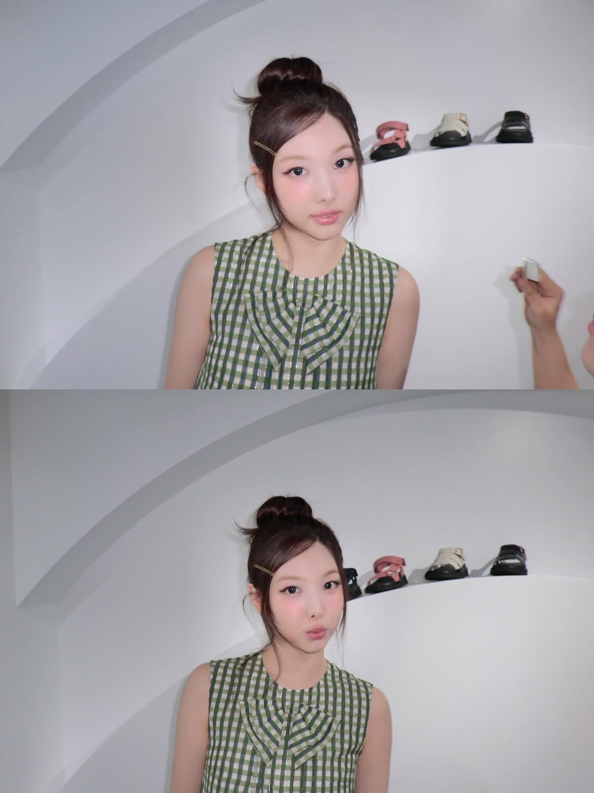 올림머리가 잘 어울릴 수 있도록 앞머리를 얼굴 주변에 자연스럽게 배치한 나연 ㅣ인스타그램 @nayeonyny