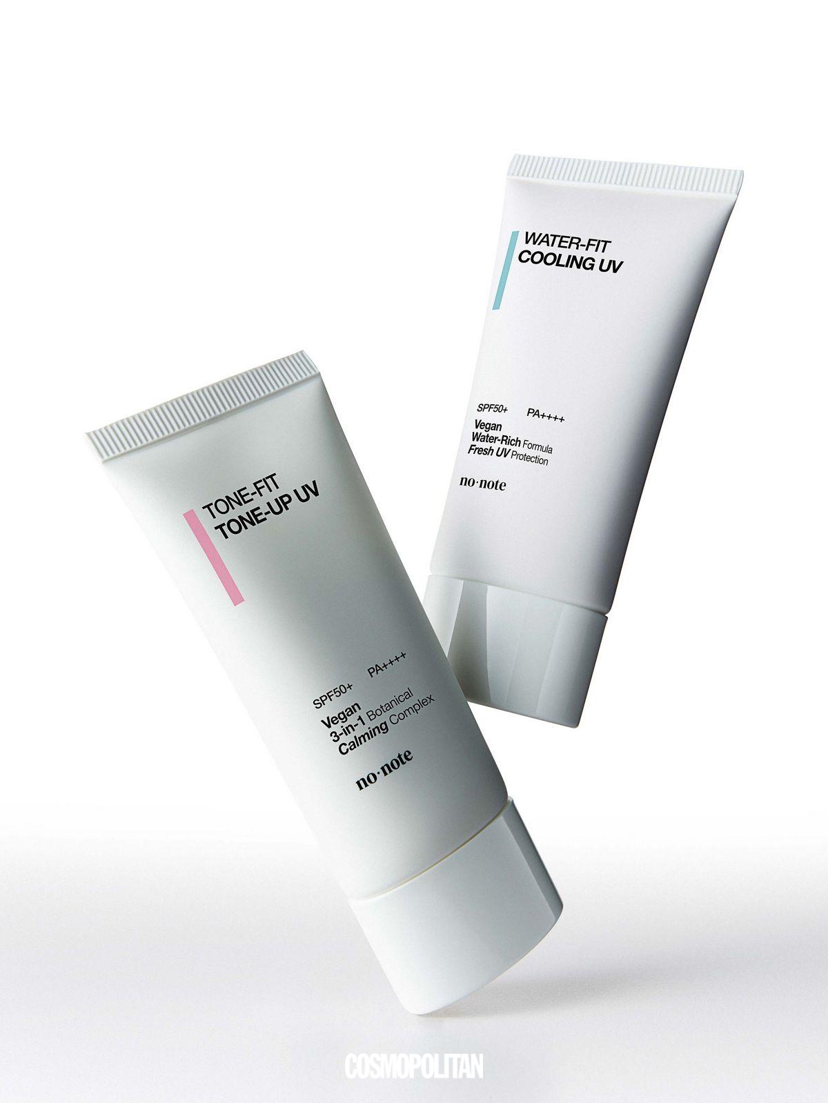 (왼쪽부터)톤핏 톤업 선크림 SPF 50+ PA++++, 워터핏 쿨링 수분 선크림 SPF 50+ PA++++ 각각 2만4천원 모두 no note.