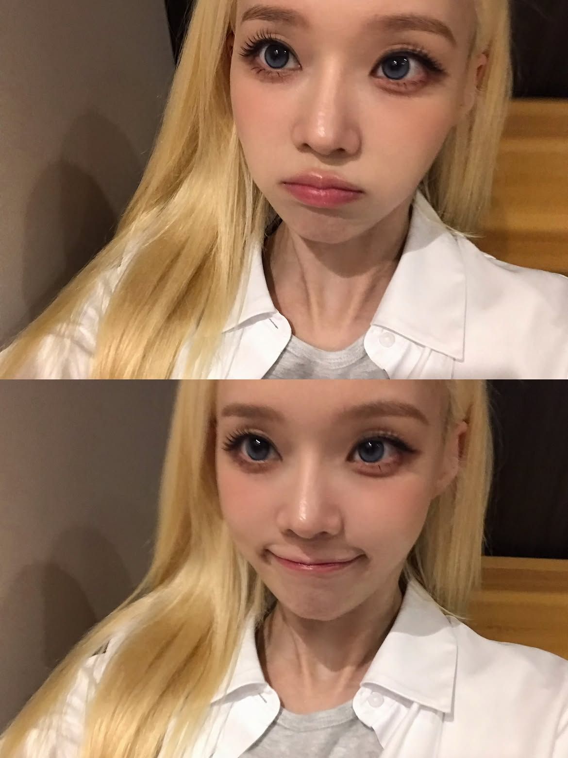 밝은 블론드 헤어와 잘 어울리는 차가운 그레이시 블루 렌즈를 착용한 윈터ㅣ인스타그램 @imwinter