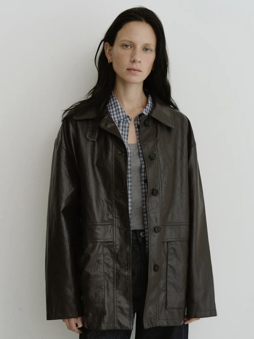 Button half leather jacket