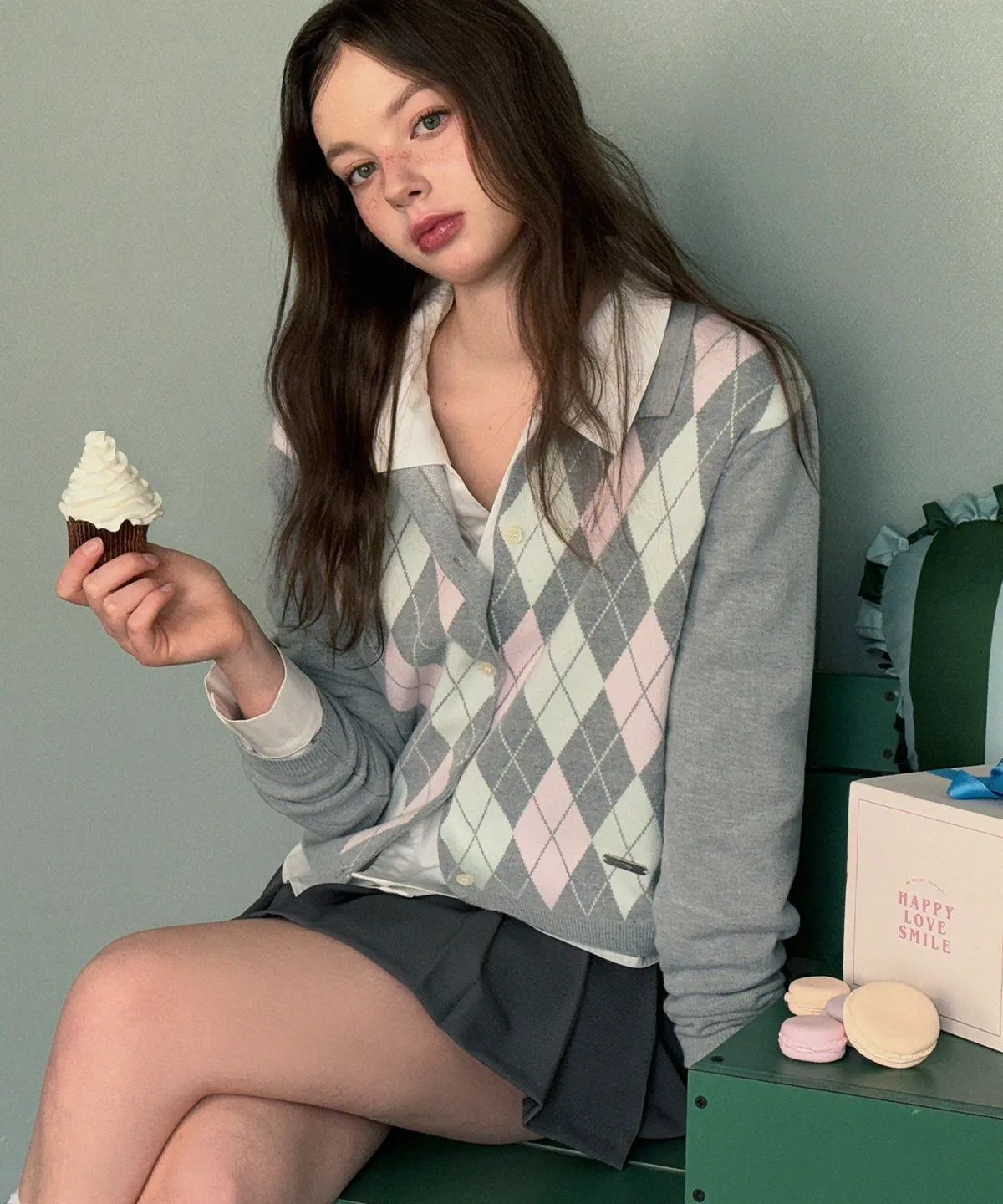 로민 아가일 카라 긴팔 카디건