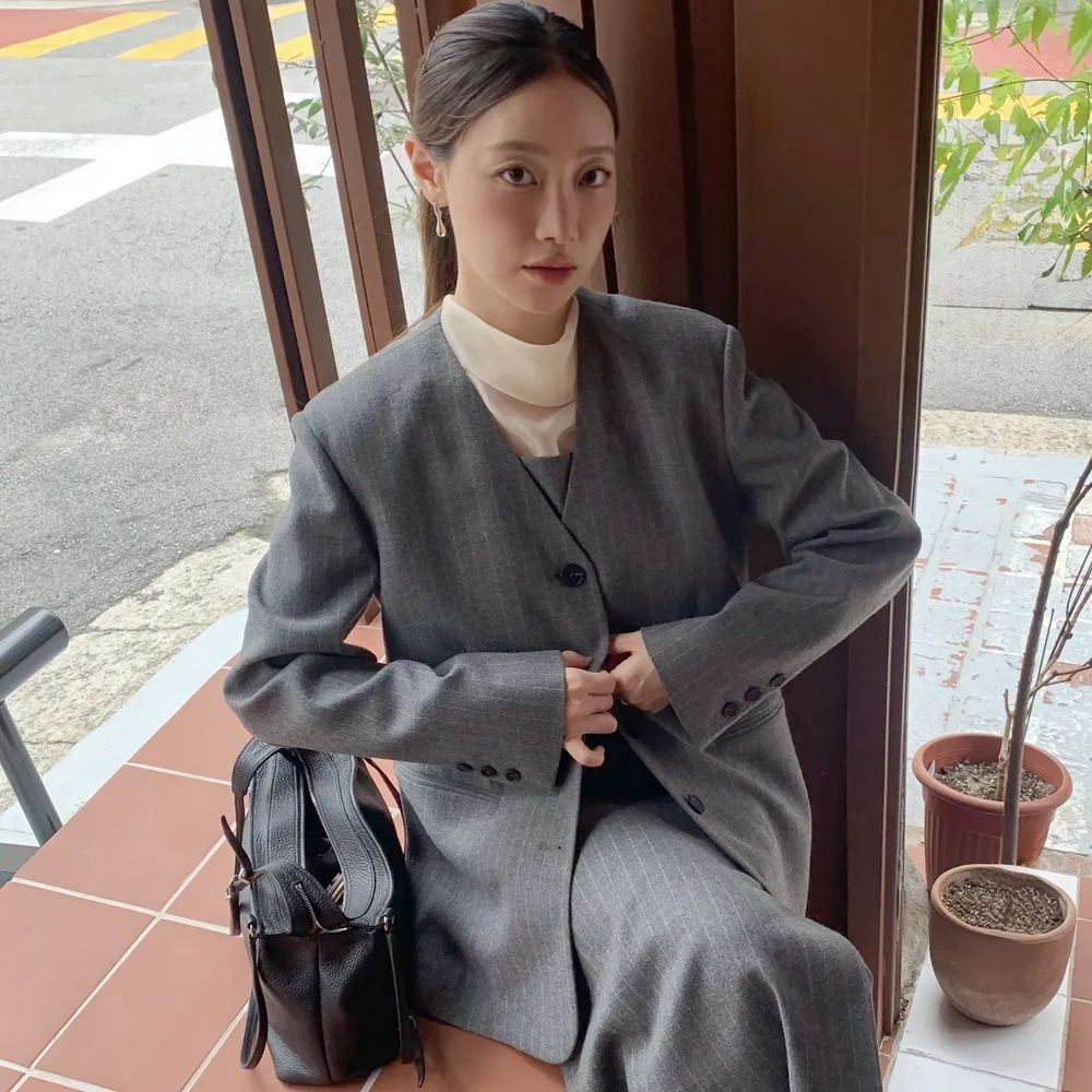 울 스트라이프 노칼라 블레이저 라이트 그레이
