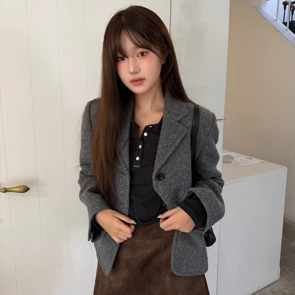 아틀리에 울 크롭 재킷 차콜
