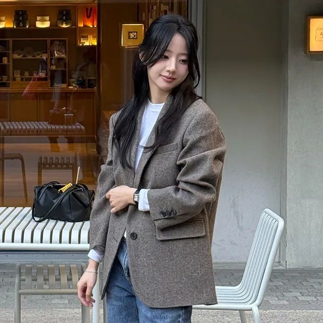소이 울 싱글 재킷 브라운 헤링본