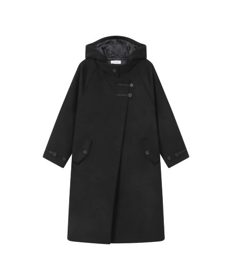 Asymmetric hoodie long duffle coat BLACK