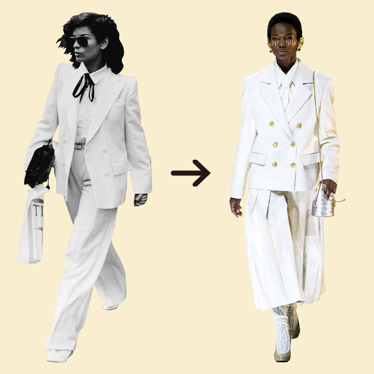 Bianca Jagger ▶비앙카 재거는 1970년대 대표적인 스타일 아이콘이다. 이브 생로랑의 르 스모킹 룩을 비롯해 팬츠 슈트를 즐겨 입었으며, 1971년 믹 재거와 결혼할 때 입은 스커트 슈트 룩은 아직까지도 회자되고 있다. 이번 시즌 구찌의 런웨이에 등장한 화이트 슈트 룩은 비앙카 재거를 상기시킨다.