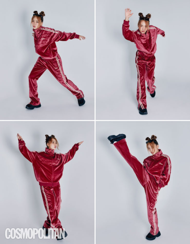 트랙슈트 20만4천원, 양말 7천9백원, 스니커즈 13만9천원 모두 널디. 선글라스 스타일리스트 소장품.