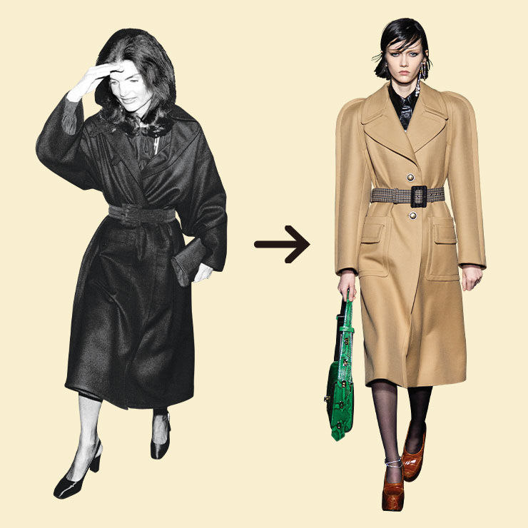 Jacqueline Kennedy Onassis ▶퍼스트레이디 시절에는 우아한 스커트 슈트를 즐겨 입었지만 케네디 사망 이후에는 클래식한 코트에 버그 아이 선글라스를 매치한 재키 스타일을 탄생시키며 1970년대 스타일 아이콘으로 자리매김했다. 이번 시즌 지방시 런웨이에는 등장한 코트는 재키 스타일의 2019년 버전 같다.