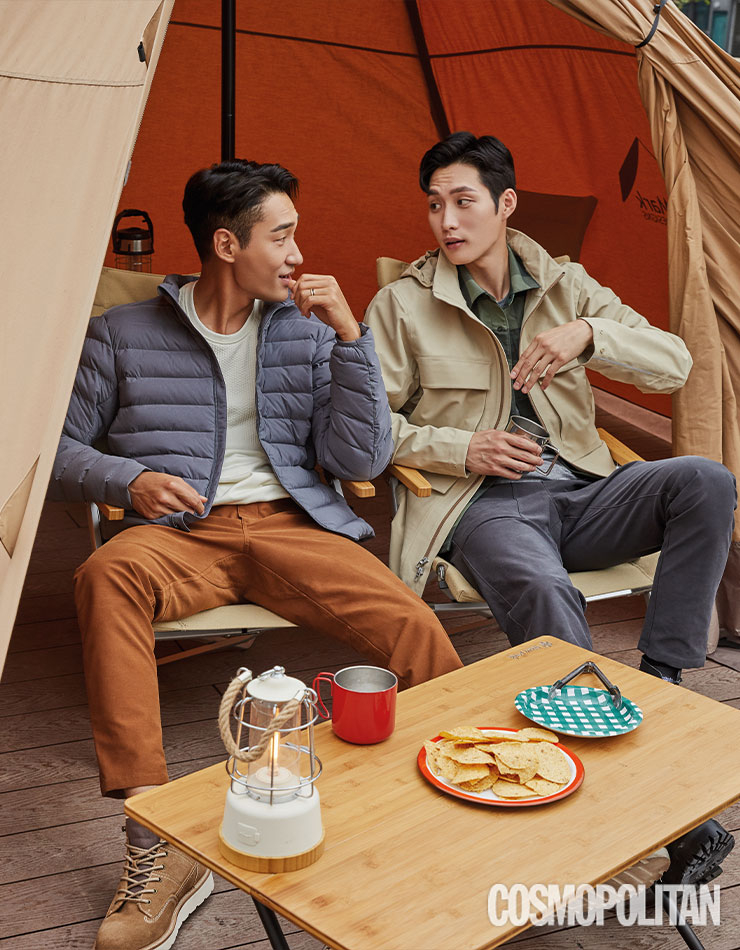 (김정환)내비게이션 스트레치 다운 재킷, 엔지니어드 웜스 롱 슬리브 톱, ABC 팬츠 모두 룰루레몬. (김준호)아웃푸어 필드 재킷, 리버서블 셔츠, 보우라인 팬츠 모두 룰루레몬. 