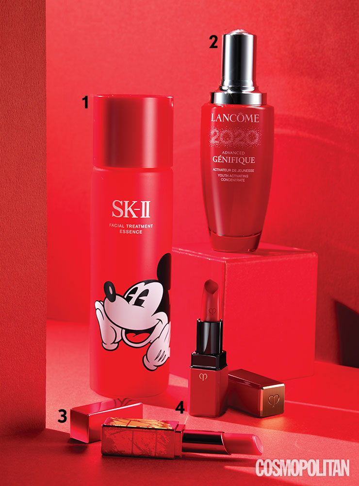 1 SK-II 피테라 에센스 미키마우스 리미티드 에디션 24만원대. 2 랑콤 2020 제니피끄 리미티드 레드 에디션 24만8천원대. 3 나스 뉴이어 컬렉션 에프터글로우 립 밤 뉘 드 쉰 3만7천원대. 4 끌레드뽀 보떼 레전드 컬러 컬렉션 립스틱 캐시미어 6만5천원대.