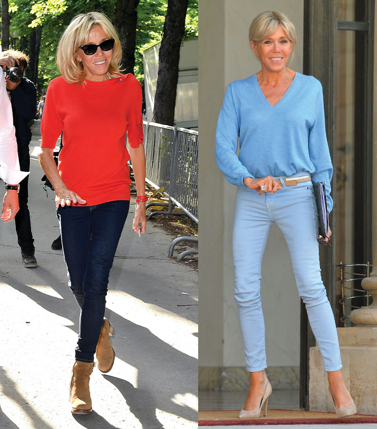 프렌치 시크! 크리스토프 데카르넹 시절의 발망이 연상되는 파워 숄더 재킷과 스키니 진의 매칭을 사랑하는 브리지트 마크롱은 전형적인 엘리건트 룩 대신 지퍼나 단추가 장식된 모던한 룩을 즐긴다. 그의 룩에선 젊은 사고를 지닌 영부인이 되겠다는 의지가 엿보인다.