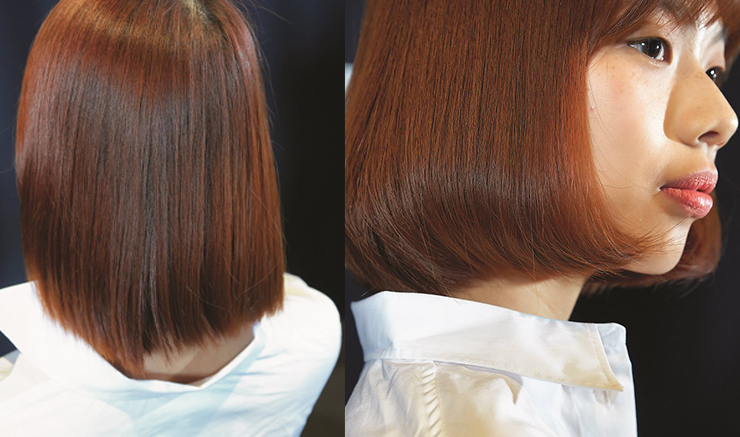 BEFORE & AFTER 다이슨 코랄™ 헤어 스트레이트너로 완성한 중단발 헤어 C컬 시연 이미지.